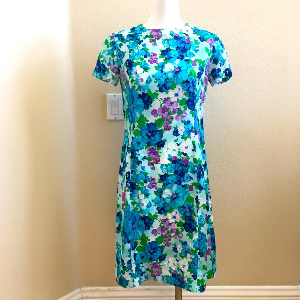 Vintage Homemade Floral Dress Medium polyester Retro Blue purple Knee Length
